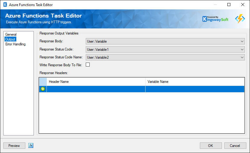 SSIS Azure Functions Task Editor - Output
